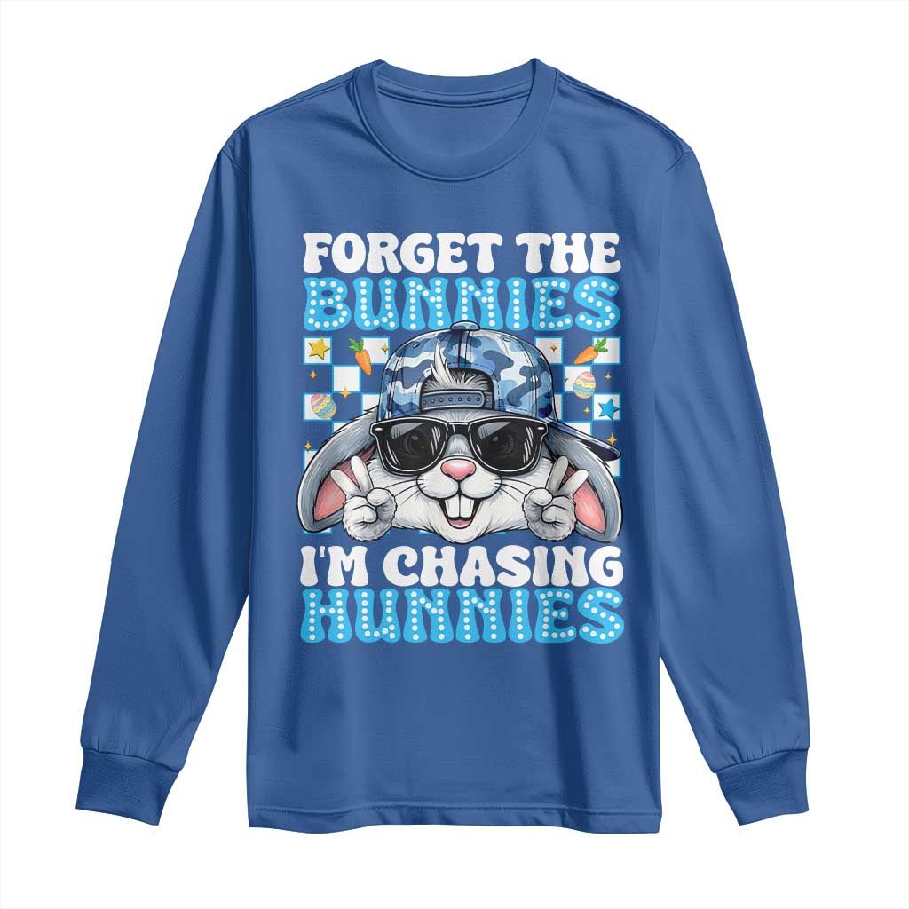 Funny Easter Bunny Forget the Bunnies I’m Chasing Hunnies Long Sleeve Shirt Cool Rabbit with Sunglasses & Hat Humor