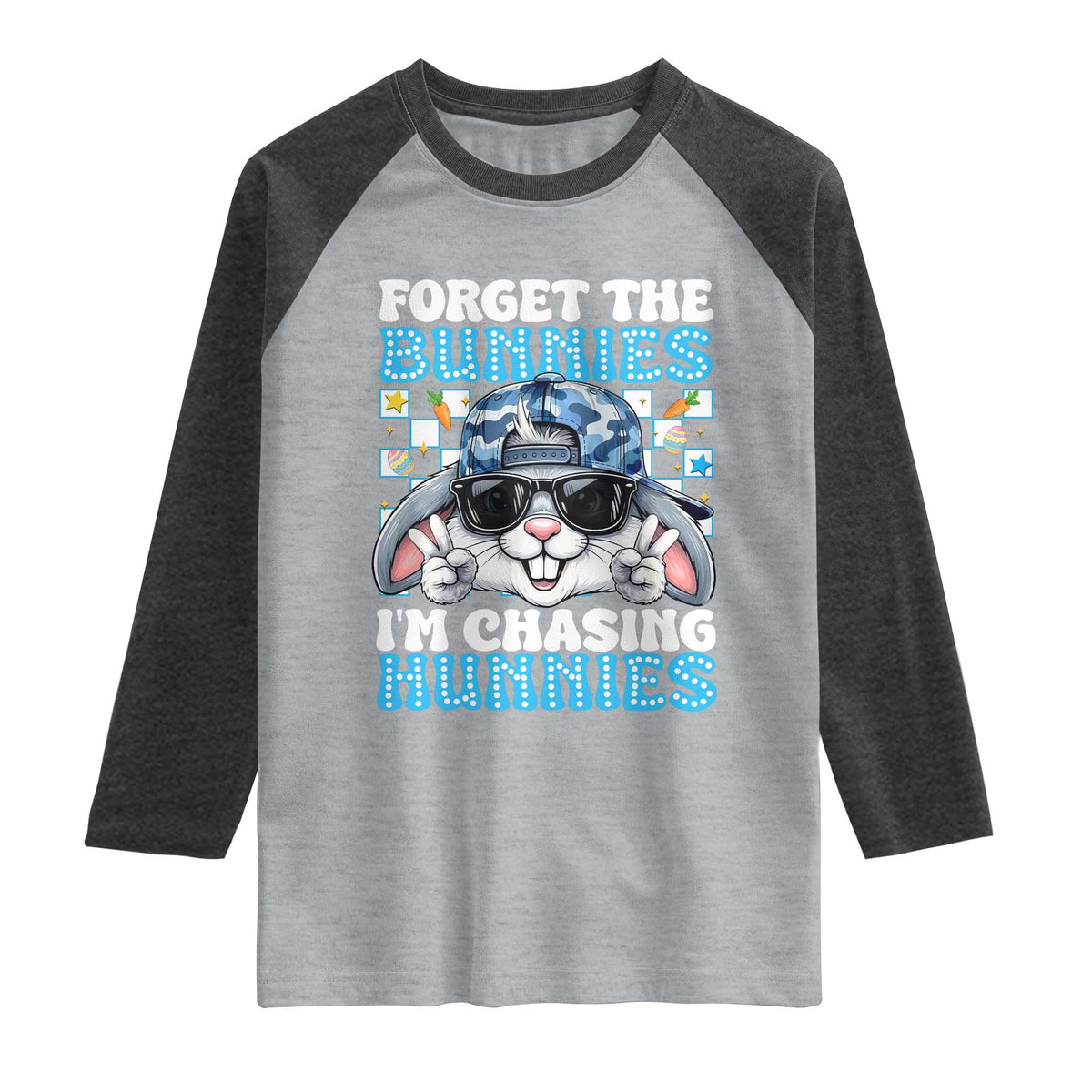 Funny Easter Bunny Forget the Bunnies I’m Chasing Hunnies Raglan Shirt Cool Rabbit with Sunglasses & Hat Humor