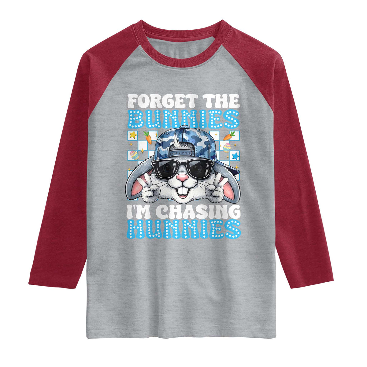 Funny Easter Bunny Forget the Bunnies I’m Chasing Hunnies Raglan Shirt Cool Rabbit with Sunglasses & Hat Humor