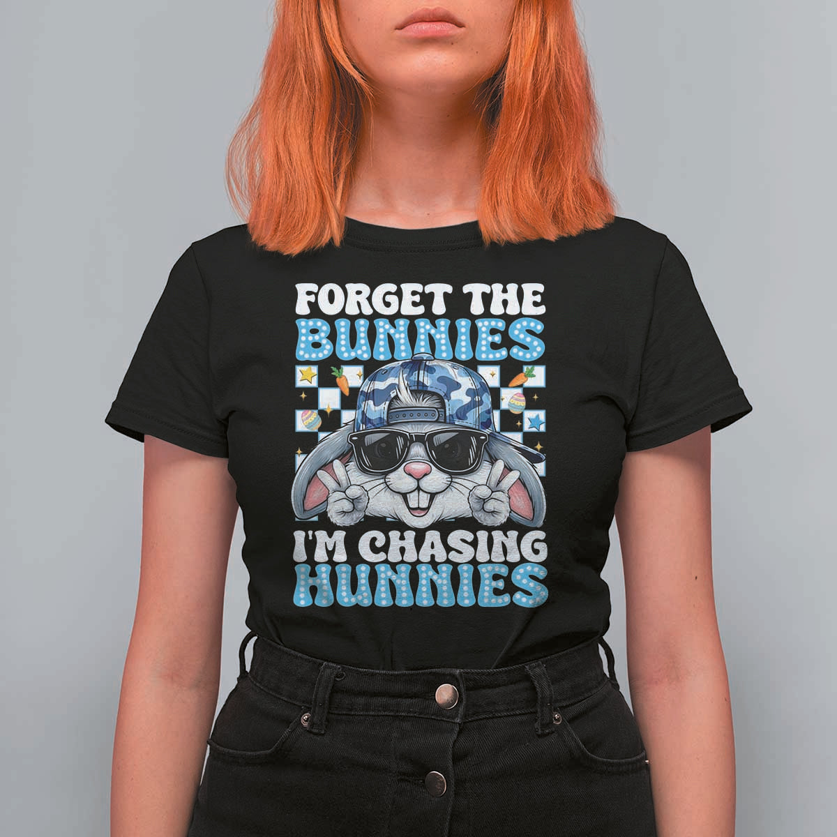 Funny Easter Bunny Forget the Bunnies I’m Chasing Hunnies T Shirt For Women Cool Rabbit with Sunglasses & Hat Humor