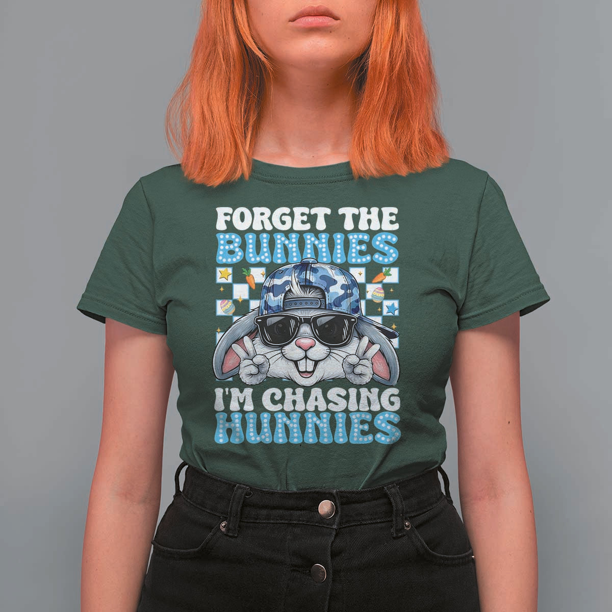 Funny Easter Bunny Forget the Bunnies I’m Chasing Hunnies T Shirt For Women Cool Rabbit with Sunglasses & Hat Humor