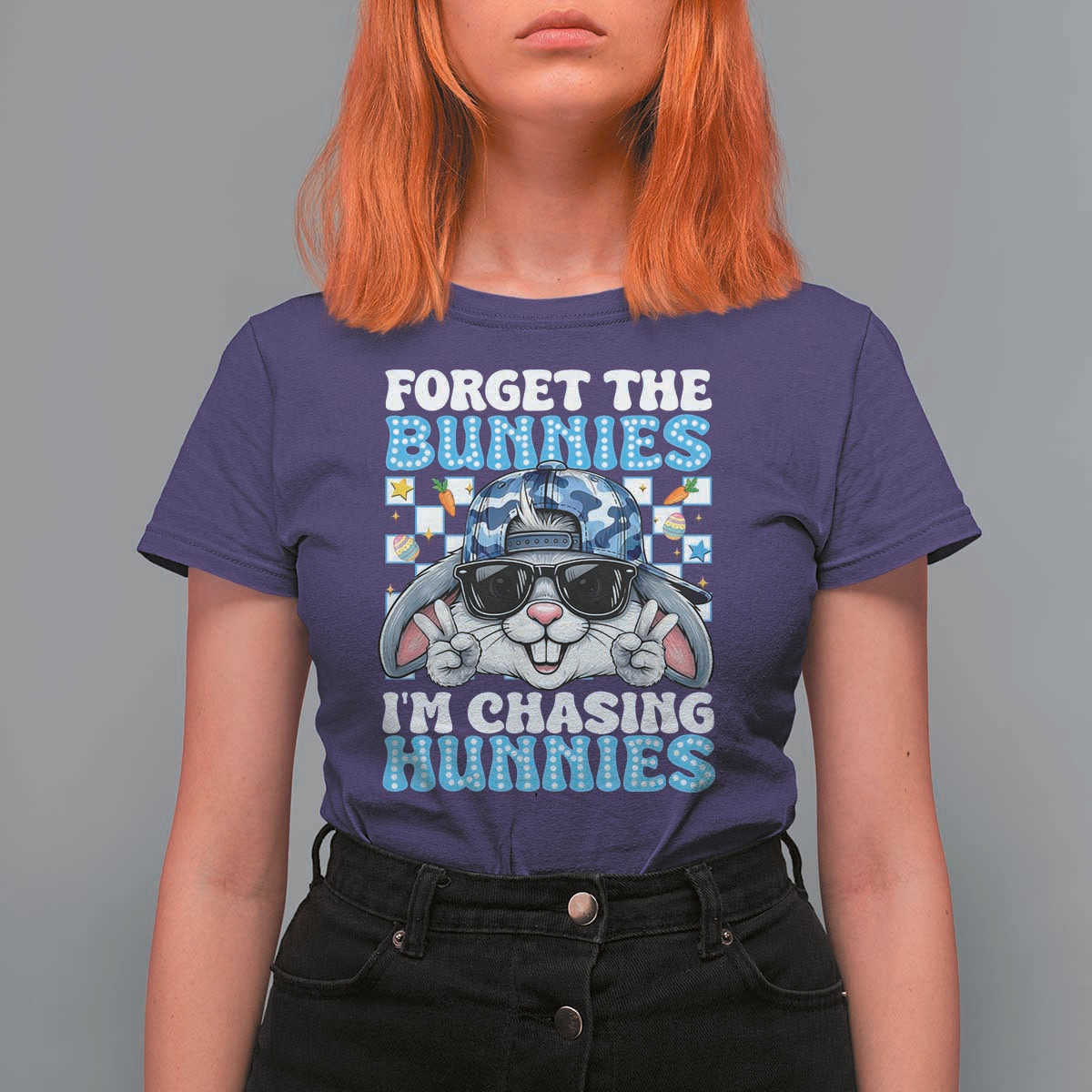 Funny Easter Bunny Forget the Bunnies I’m Chasing Hunnies T Shirt For Women Cool Rabbit with Sunglasses & Hat Humor