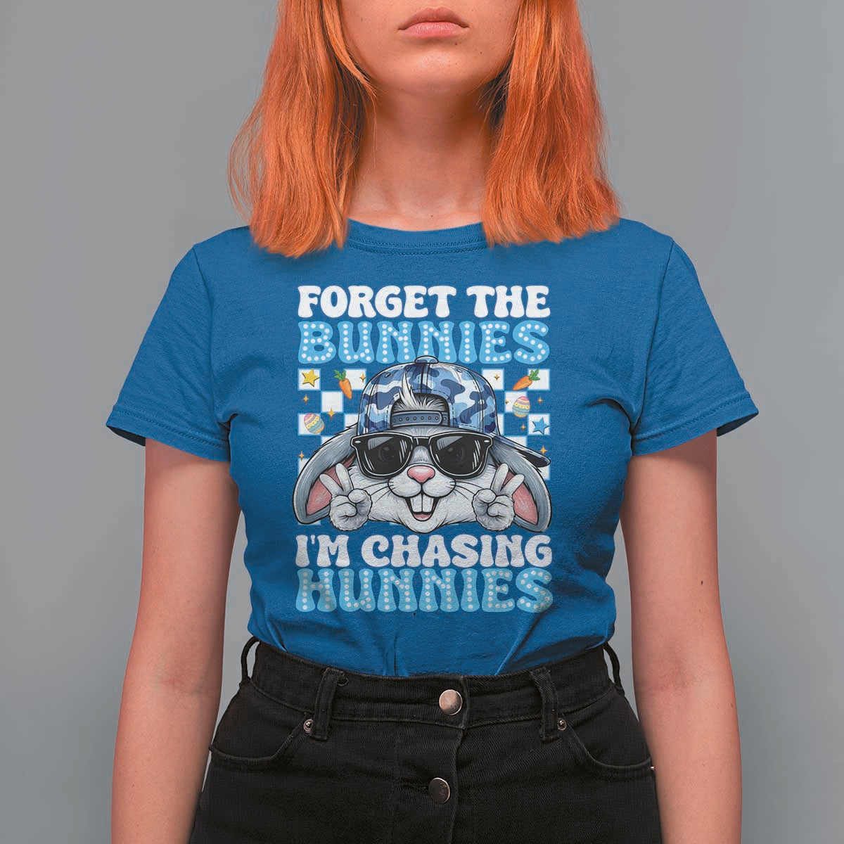 Funny Easter Bunny Forget the Bunnies I’m Chasing Hunnies T Shirt For Women Cool Rabbit with Sunglasses & Hat Humor
