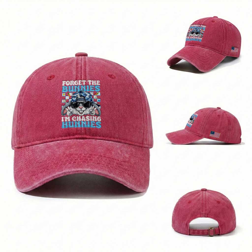 Funny Easter Bunny Forget the Bunnies I’m Chasing Hunnies Washed Cotton Baseball Cap Cool Rabbit with Sunglasses & Hat Humor