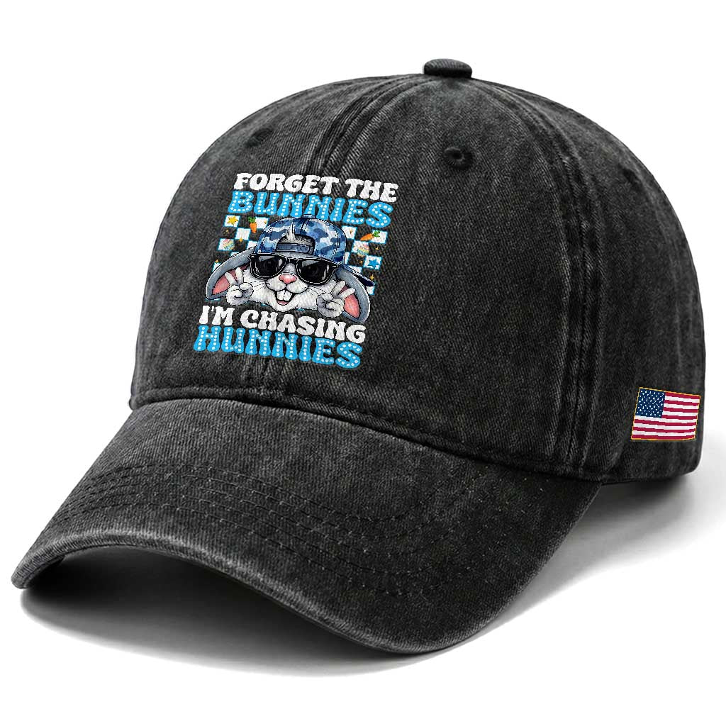 Funny Easter Bunny Forget the Bunnies I’m Chasing Hunnies Washed Cotton Baseball Cap Cool Rabbit with Sunglasses & Hat Humor