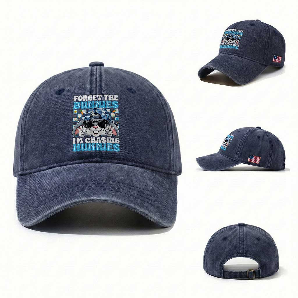 Funny Easter Bunny Forget the Bunnies I’m Chasing Hunnies Washed Cotton Baseball Cap Cool Rabbit with Sunglasses & Hat Humor