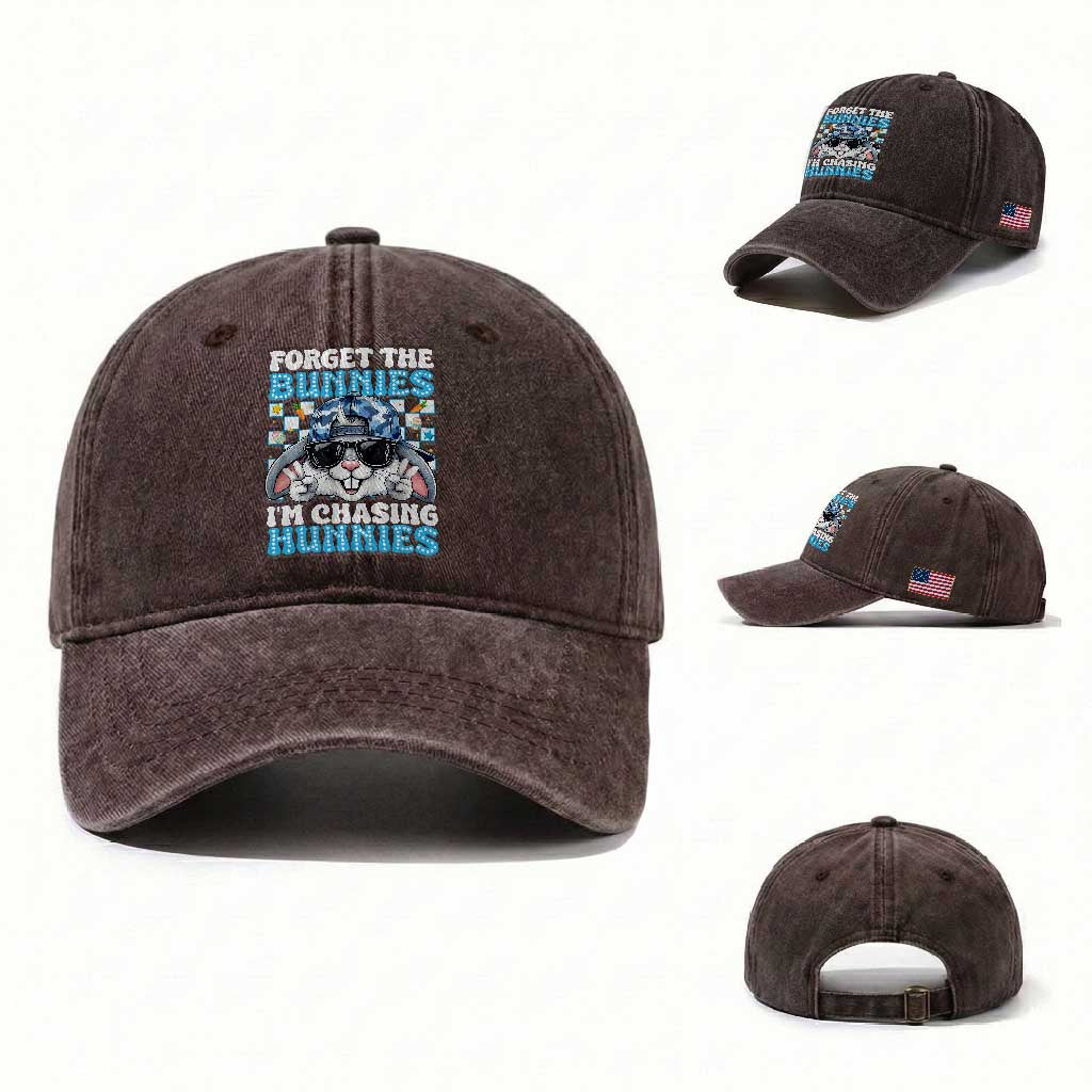 Funny Easter Bunny Forget the Bunnies I’m Chasing Hunnies Washed Cotton Baseball Cap Cool Rabbit with Sunglasses & Hat Humor