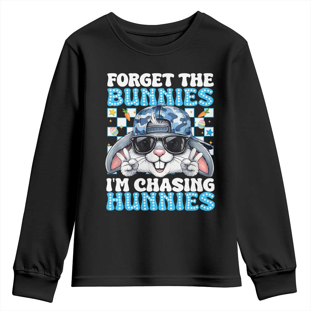 Funny Easter Bunny Forget the Bunnies I’m Chasing Hunnies Youth Sweatshirt Cool Rabbit with Sunglasses & Hat Humor