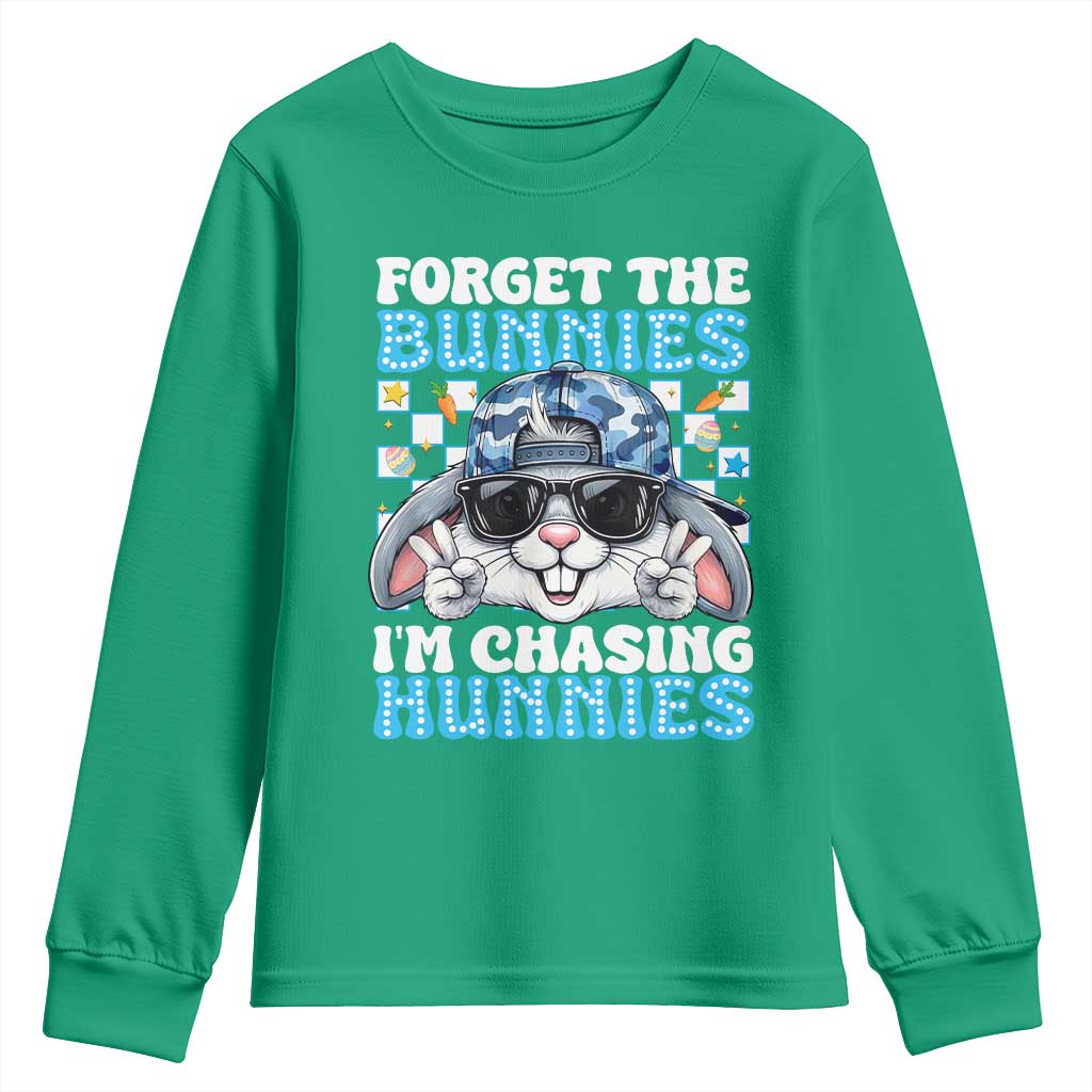 Funny Easter Bunny Forget the Bunnies I’m Chasing Hunnies Youth Sweatshirt Cool Rabbit with Sunglasses & Hat Humor