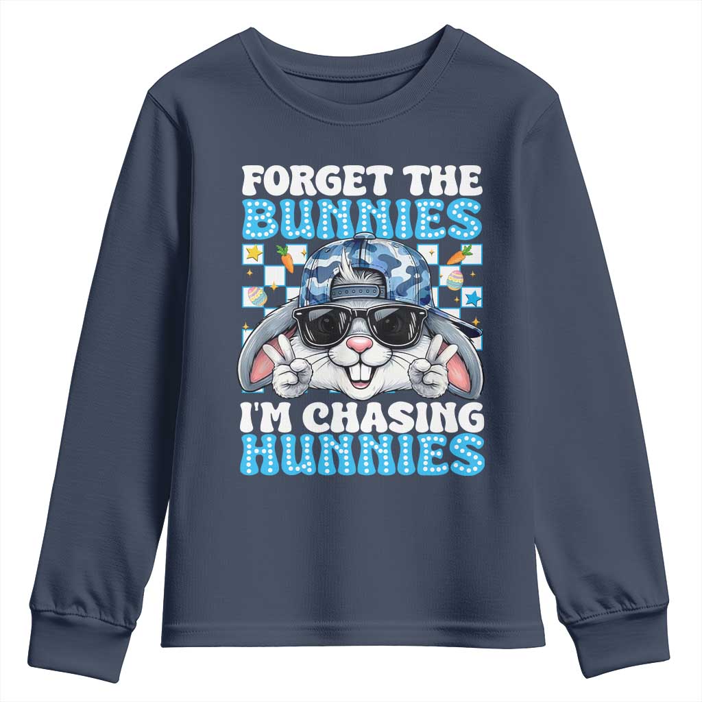Funny Easter Bunny Forget the Bunnies I’m Chasing Hunnies Youth Sweatshirt Cool Rabbit with Sunglasses & Hat Humor