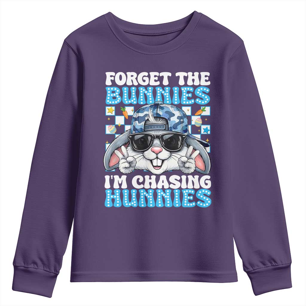 Funny Easter Bunny Forget the Bunnies I’m Chasing Hunnies Youth Sweatshirt Cool Rabbit with Sunglasses & Hat Humor