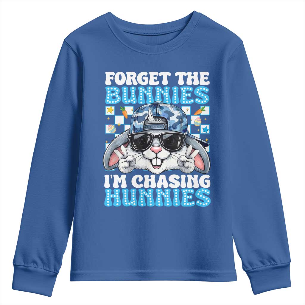 Funny Easter Bunny Forget the Bunnies I’m Chasing Hunnies Youth Sweatshirt Cool Rabbit with Sunglasses & Hat Humor