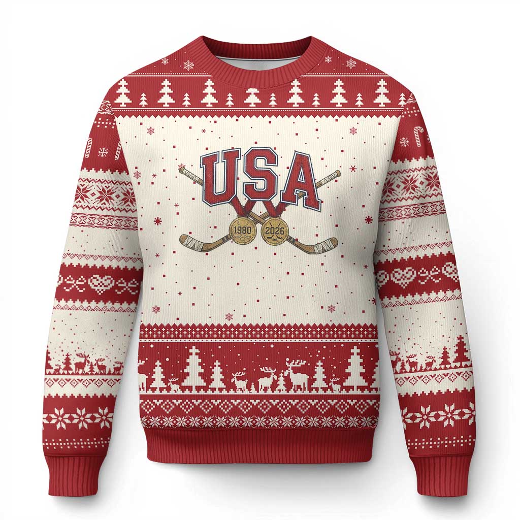 USA Ice Hockey Pride 1980 to 2026 Legacy Ugly Christmas Sweater Patriotic American Champions