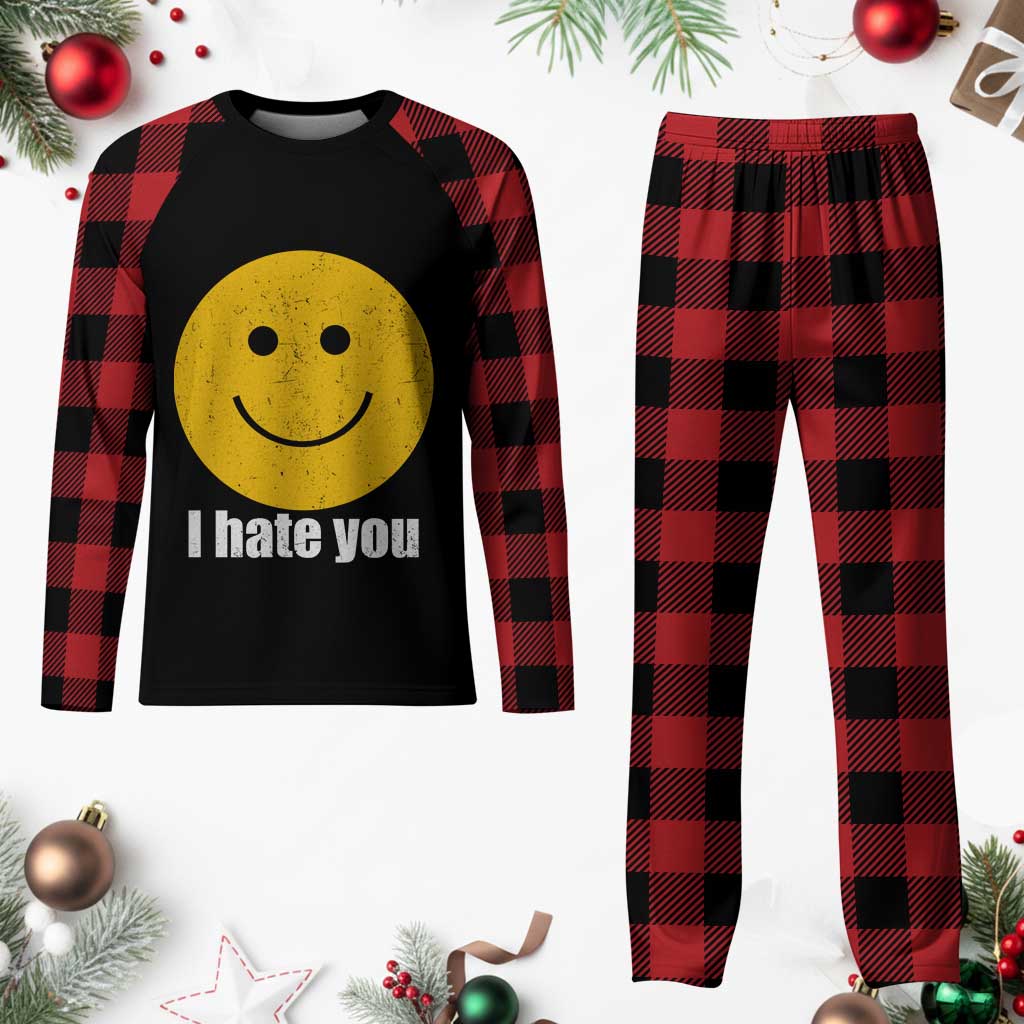 I Hate You Meme Distressed Smiling Face Plaid Pajama Set Dark Humor Sarcastic Funny Attitude