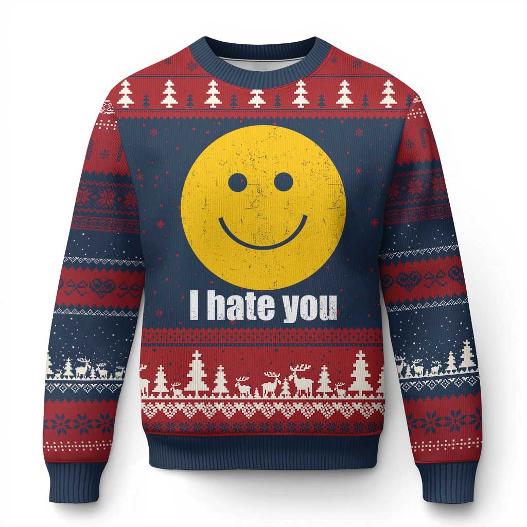 I Hate You Meme Distressed Smiling Face Ugly Christmas Sweater Dark Humor Sarcastic Funny Attitude