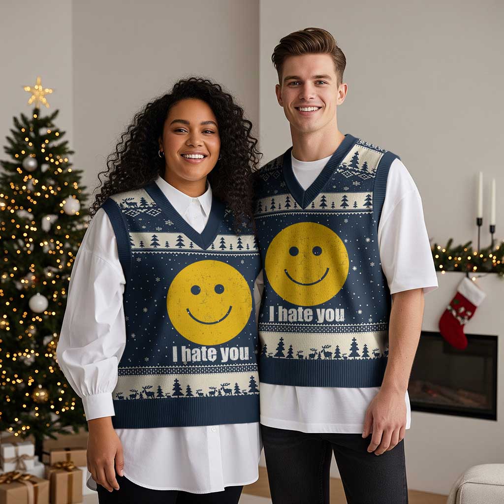 I Hate You Meme Distressed Smiling Face V-Neck Knit Sweater Vest Dark Humor Sarcastic Funny Attitude
