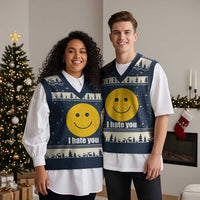 I Hate You Meme Distressed Smiling Face V-Neck Knit Sweater Vest Dark Humor Sarcastic Funny Attitude