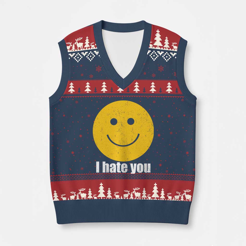 I Hate You Meme Distressed Smiling Face V-Neck Knit Sweater Vest Dark Humor Sarcastic Funny Attitude