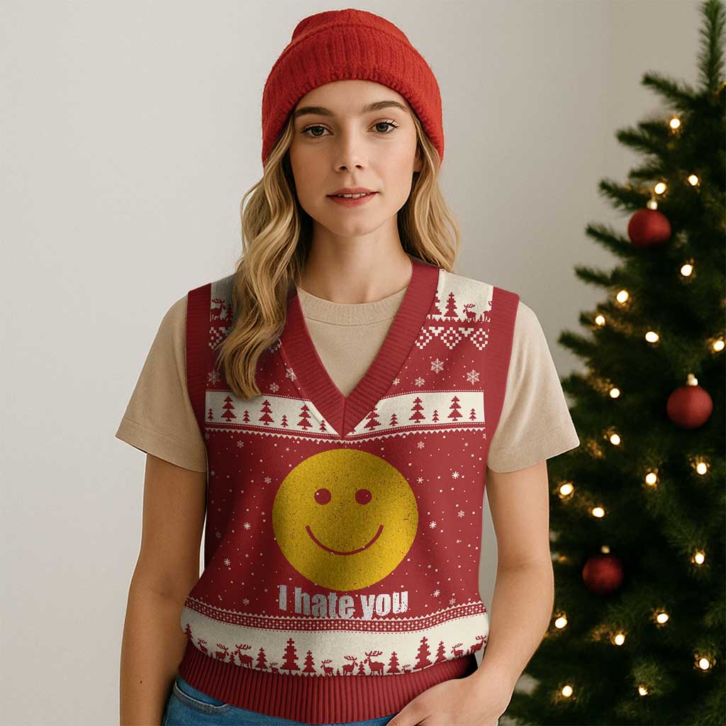 I Hate You Meme Distressed Smiling Face V-Neck Knit Sweater Vest Dark Humor Sarcastic Funny Attitude