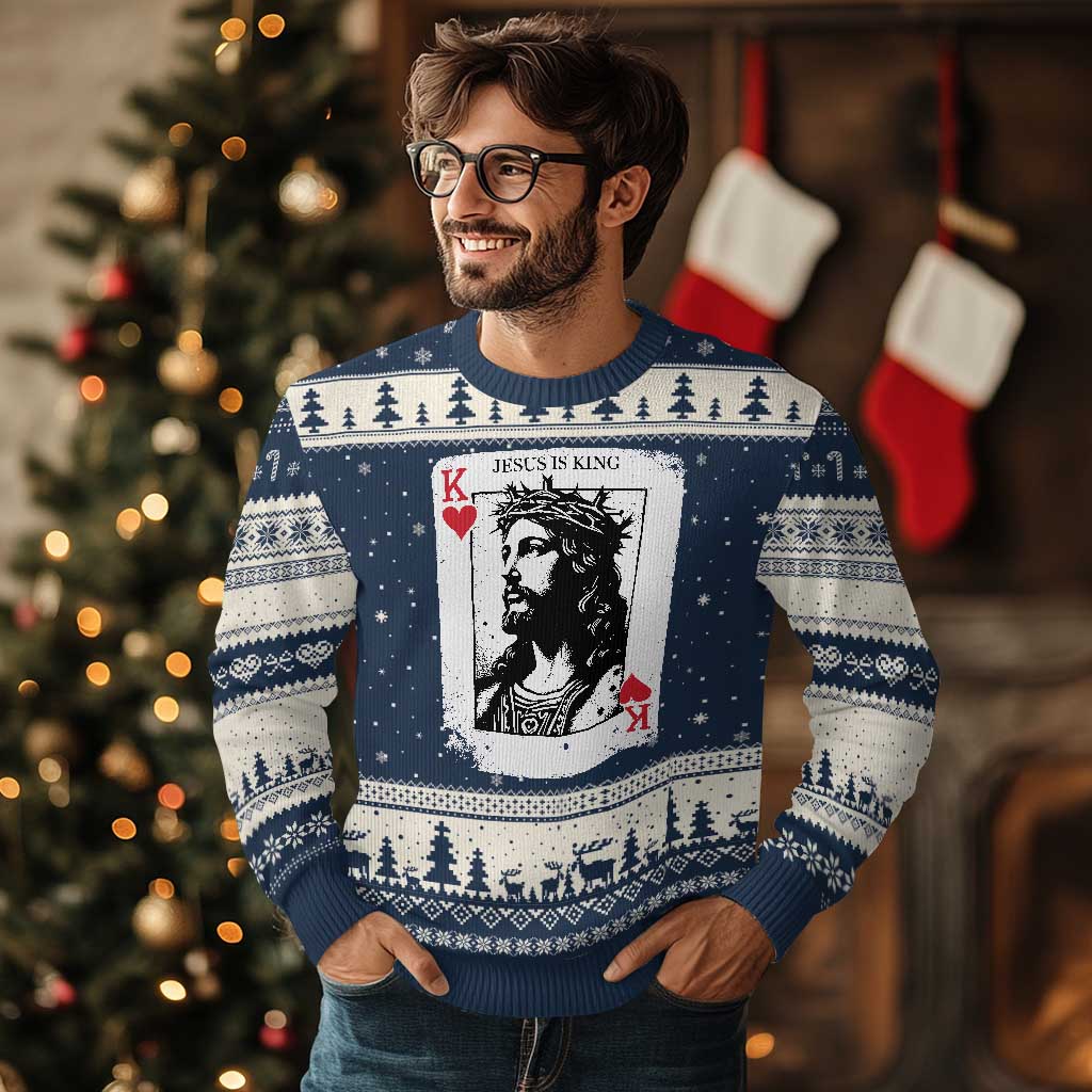 Jesus Is King Playing Card Graphic Ugly Christmas Sweater King of Hearts Christian Faith
