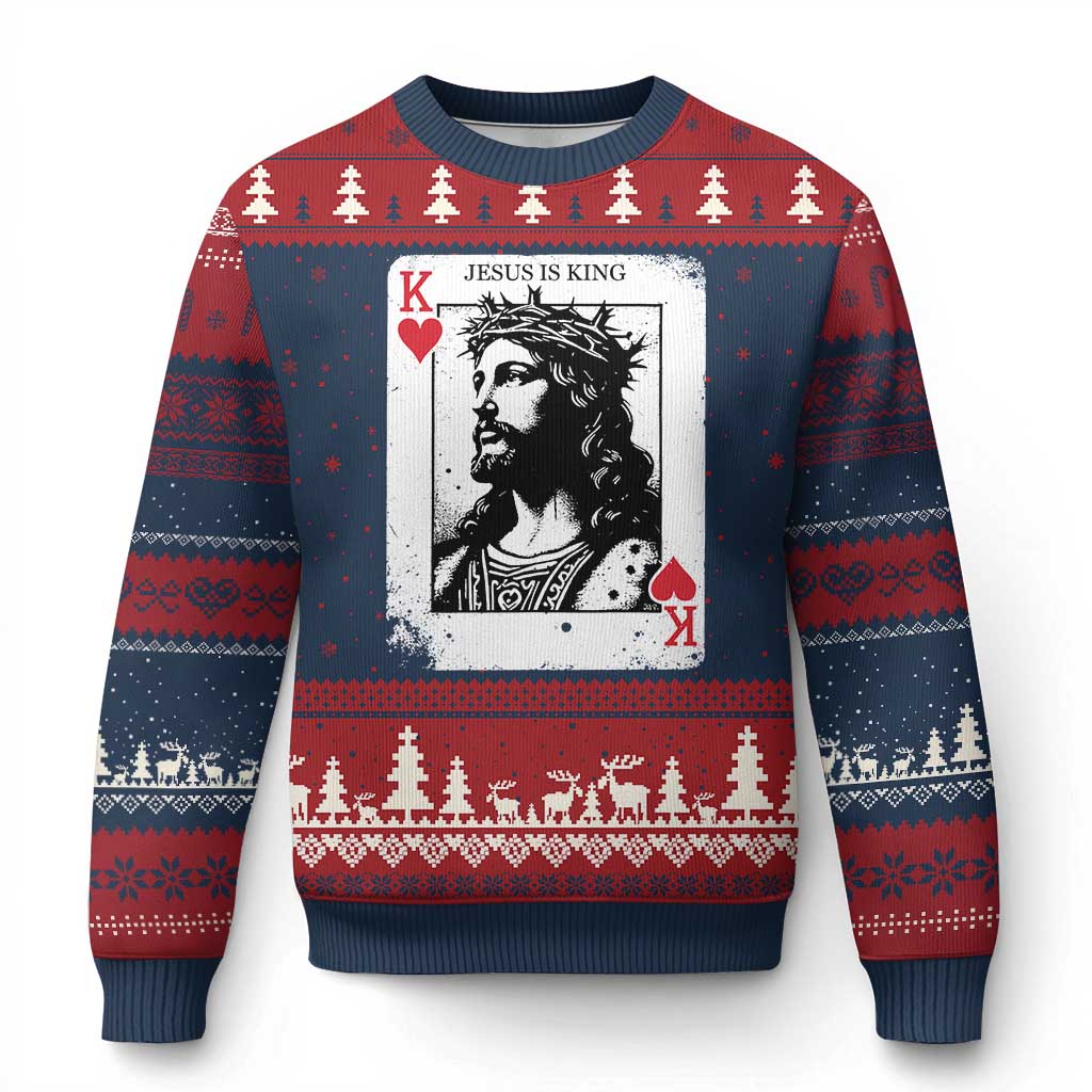 Jesus Is King Playing Card Graphic Ugly Christmas Sweater King of Hearts Christian Faith