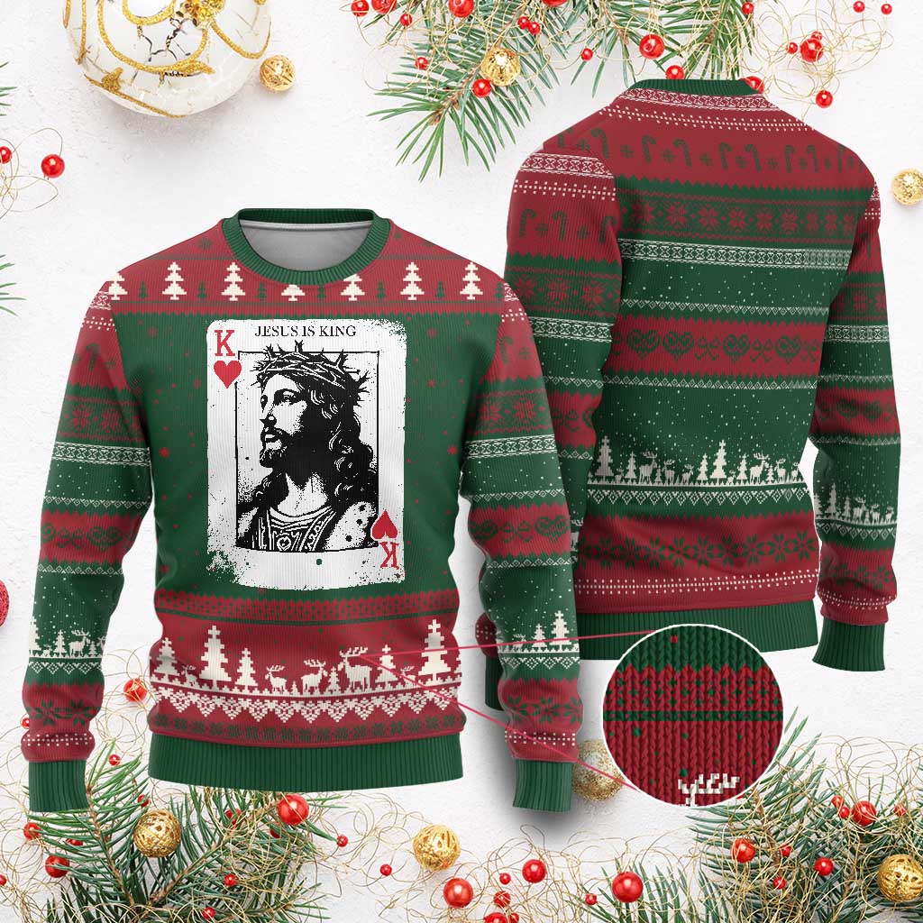 Jesus Is King Playing Card Graphic Ugly Christmas Sweater King of Hearts Christian Faith