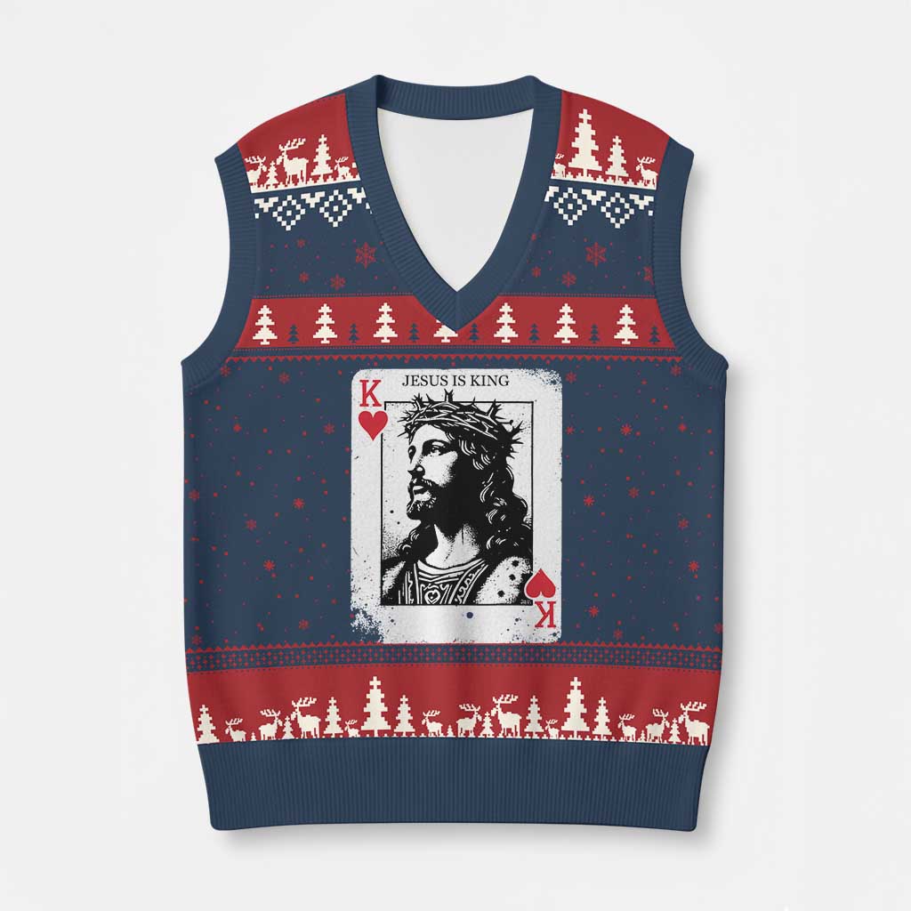 Jesus Is King Playing Card Graphic V-Neck Knit Sweater Vest King of Hearts Christian Faith