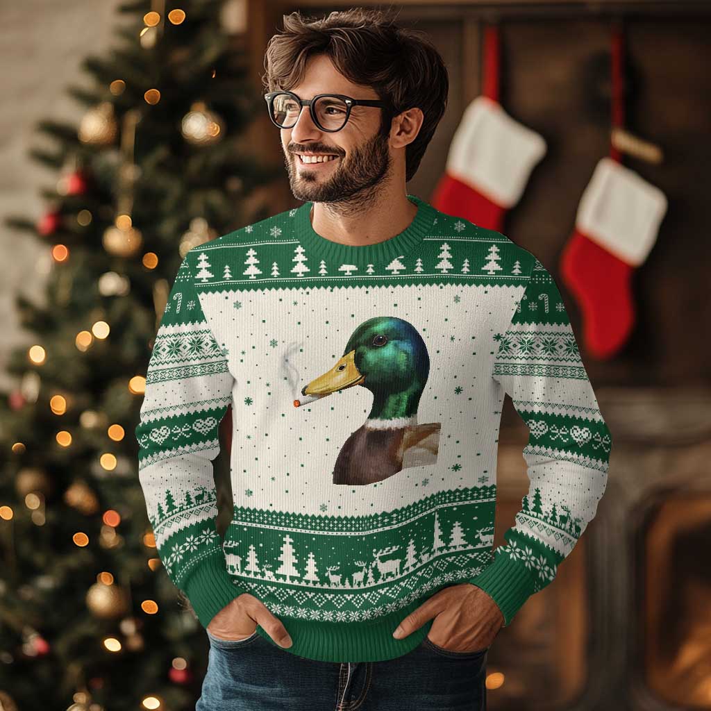 Smoking Mallard Meme Graphic Ugly Christmas Sweater Chaotic Funny Wild Duck Attitude Viral Internet Humor