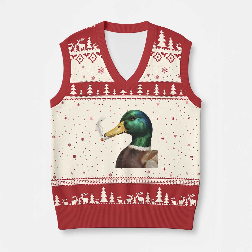 Smoking Mallard Meme Graphic V-Neck Knit Sweater Vest Chaotic Funny Wild Duck Attitude Viral Internet Humor