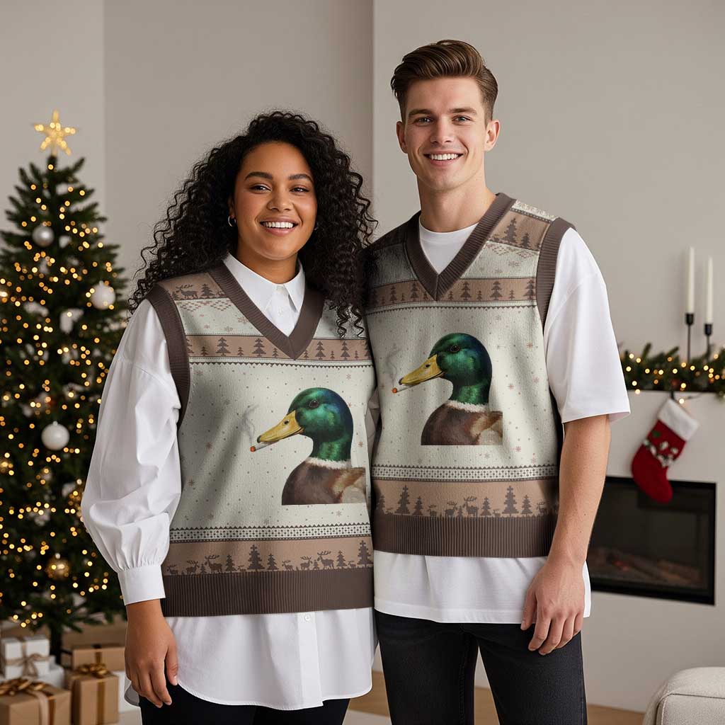 Smoking Mallard Meme Graphic V-Neck Knit Sweater Vest Chaotic Funny Wild Duck Attitude Viral Internet Humor