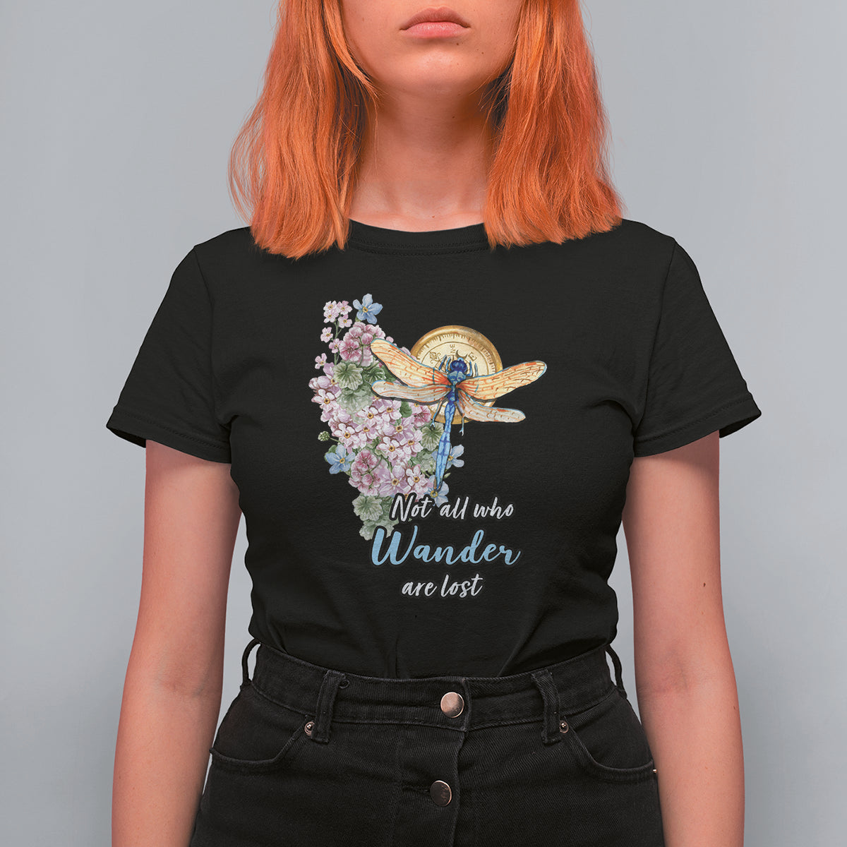 Women’s black T-shirt with dragonfly and pink floral “Not all who Wander are lost” print