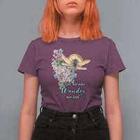 Women’s maroon T-shirt with dragonfly and pink floral “Not all who Wander are lost” print