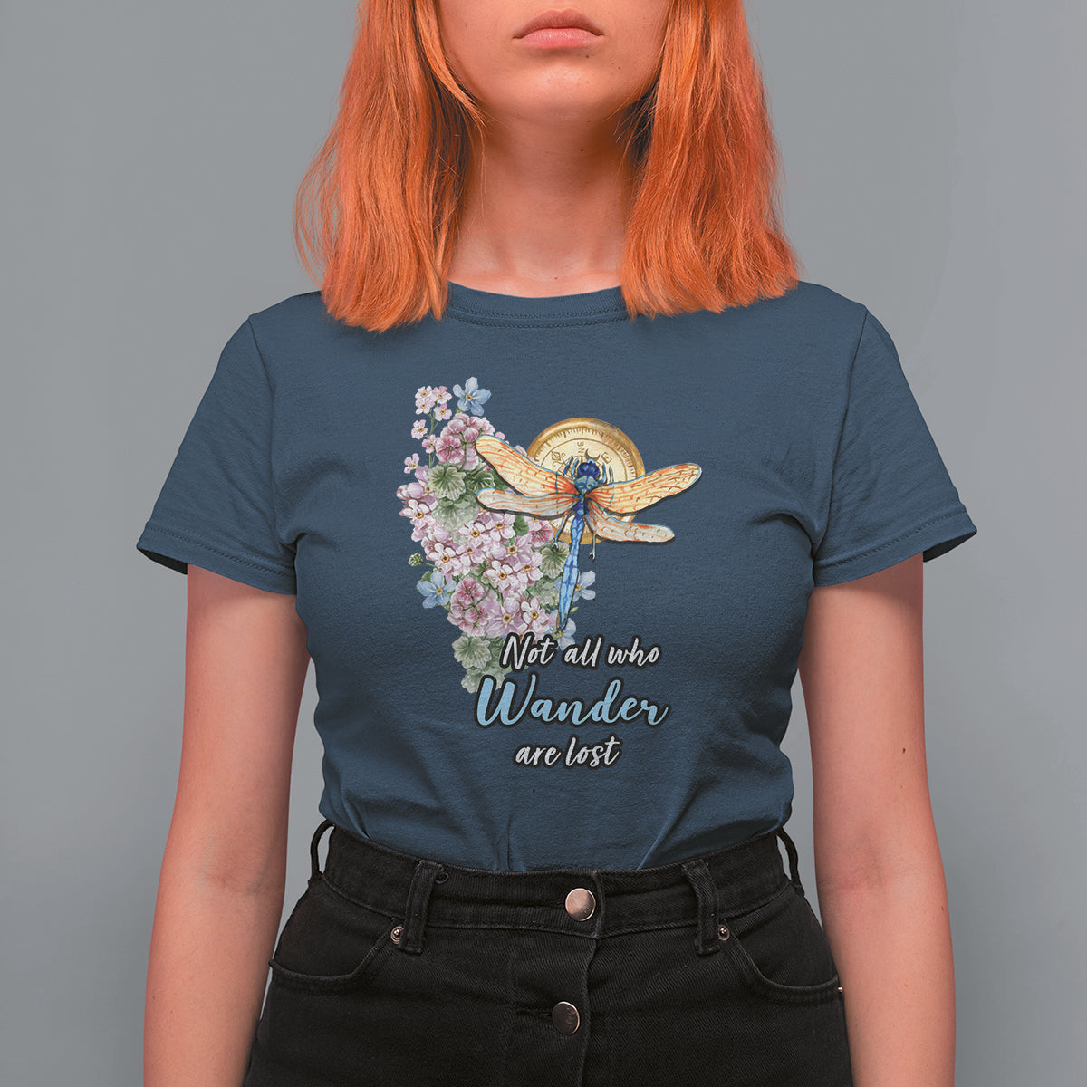 Women’s navy T-shirt with dragonfly and pink floral “Not all who Wander are lost” print