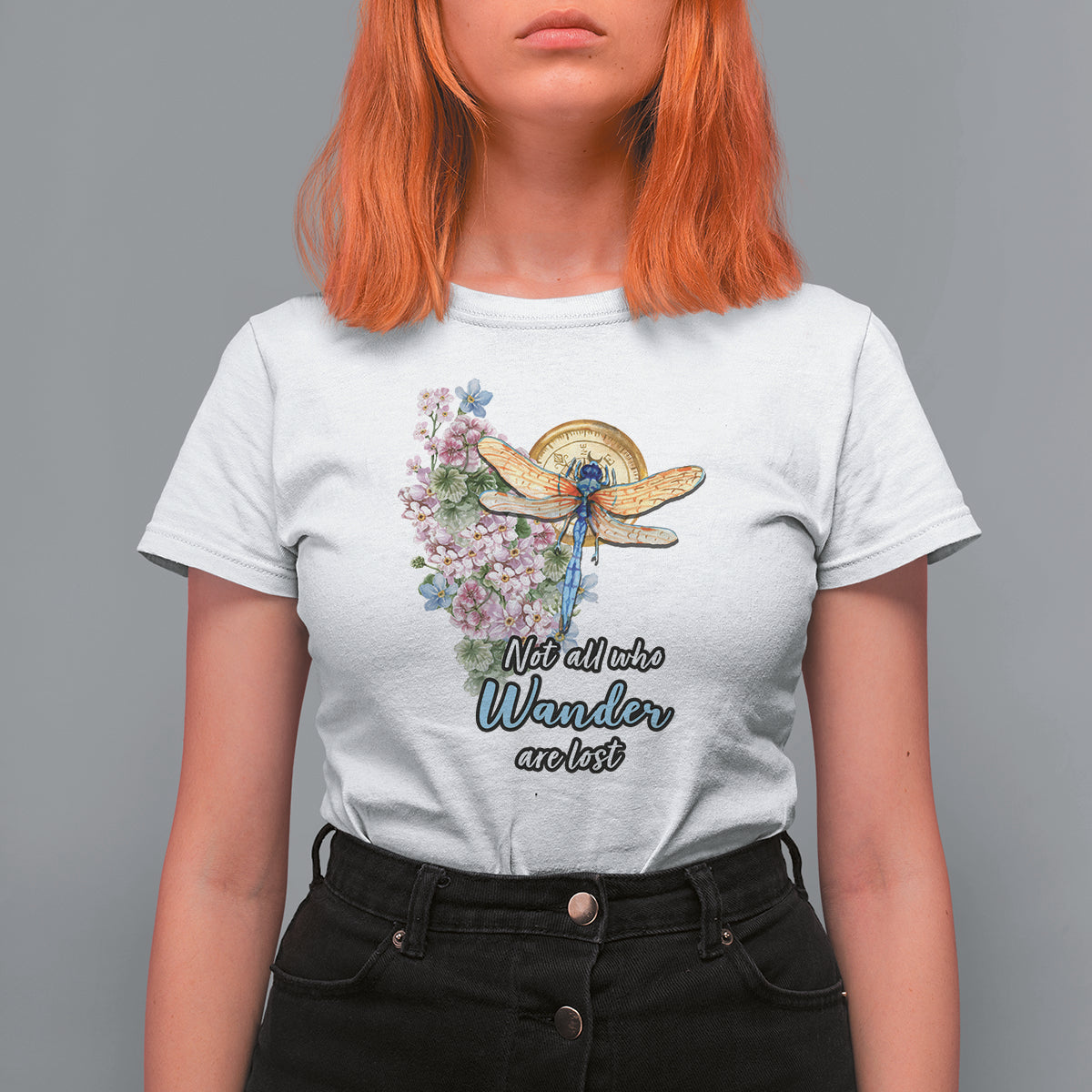 Women’s white T-shirt with dragonfly and pink floral “Not all who Wander are lost” print