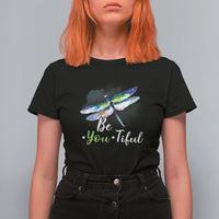 Women's black dragonfly watercolor t-shirt with "Be You-Tiful" front graphic