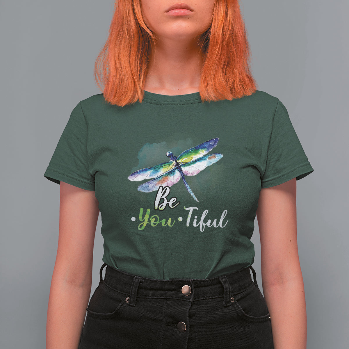 Women's dark green dragonfly watercolor t-shirt with "Be You-Tiful" front graphic