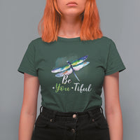 Women's dark green dragonfly watercolor t-shirt with "Be You-Tiful" front graphic
