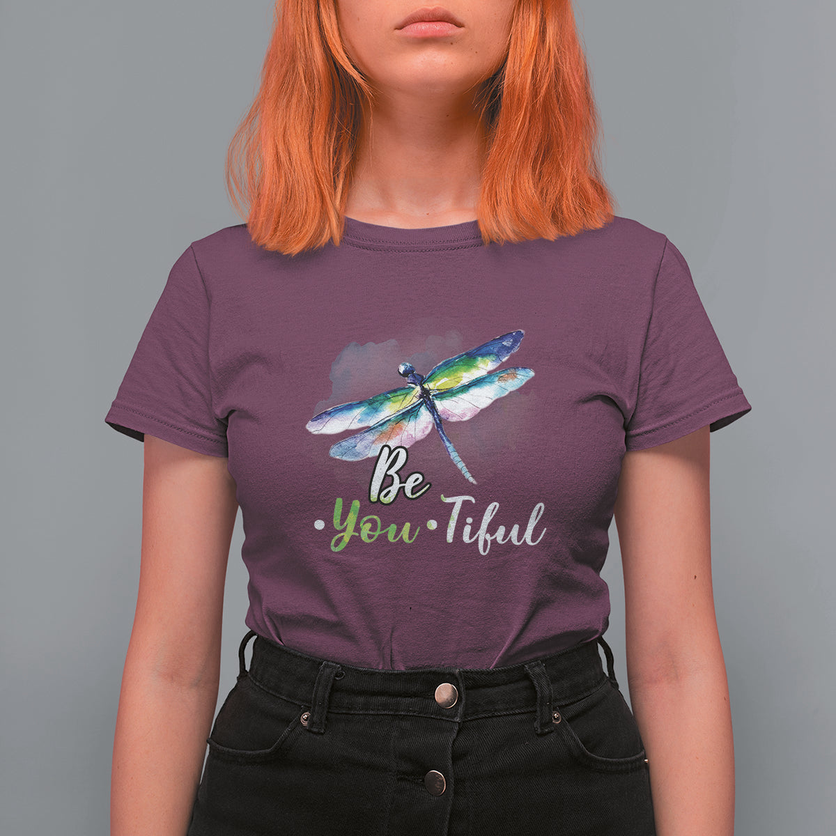 Women's purple dragonfly watercolor t-shirt with "Be You-Tiful" front graphic