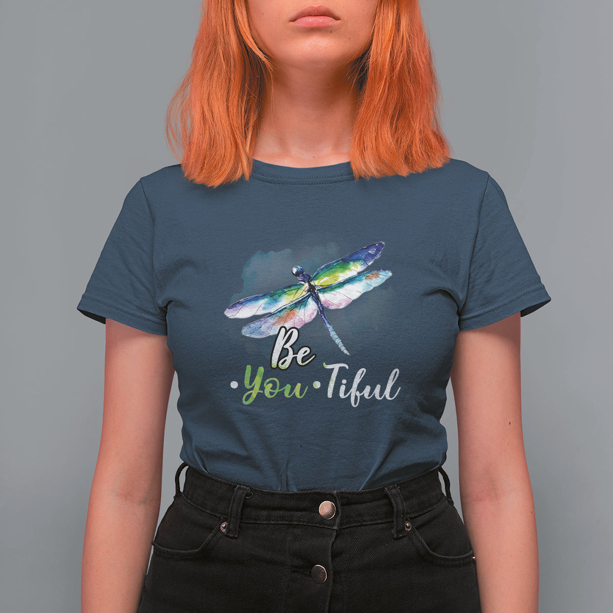 Women's navy blue dragonfly watercolor t-shirt with "Be You-Tiful" front graphic