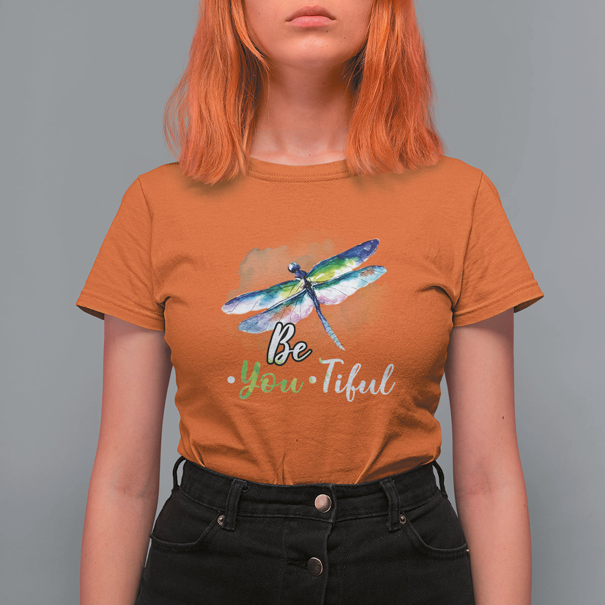 Women's orange dragonfly watercolor t-shirt with "Be You-Tiful" front graphic