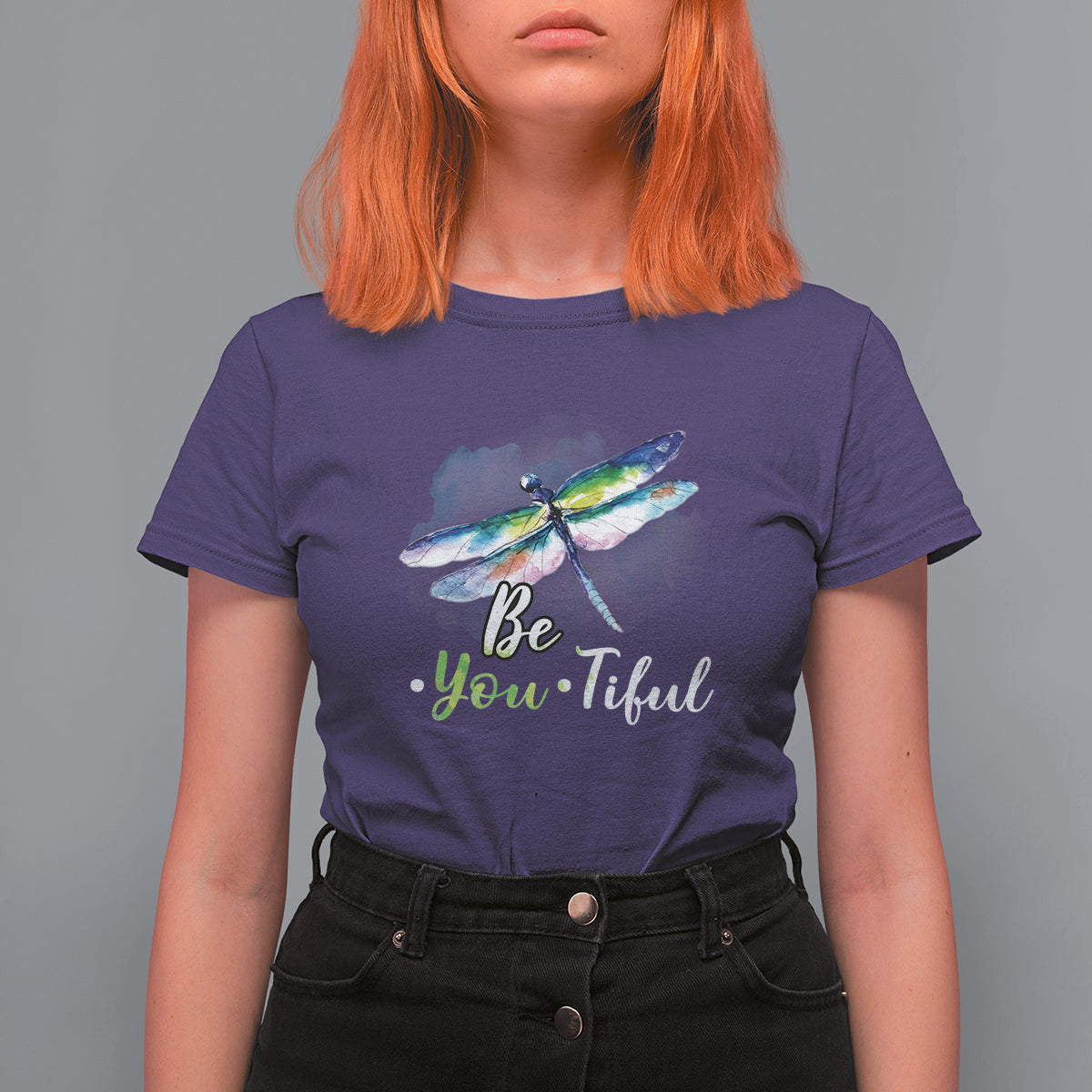 Women's purple dragonfly watercolor t-shirt with "Be You-Tiful" front graphic