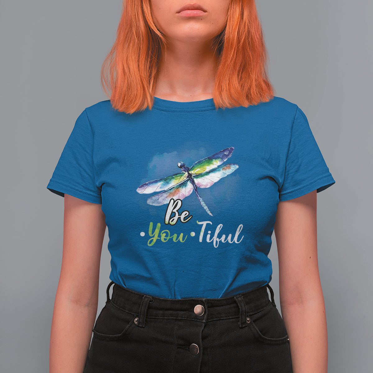 Women's royal blue dragonfly watercolor t-shirt with "Be You-Tiful" front graphic