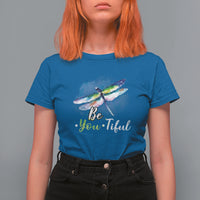 Women's royal blue dragonfly watercolor t-shirt with "Be You-Tiful" front graphic