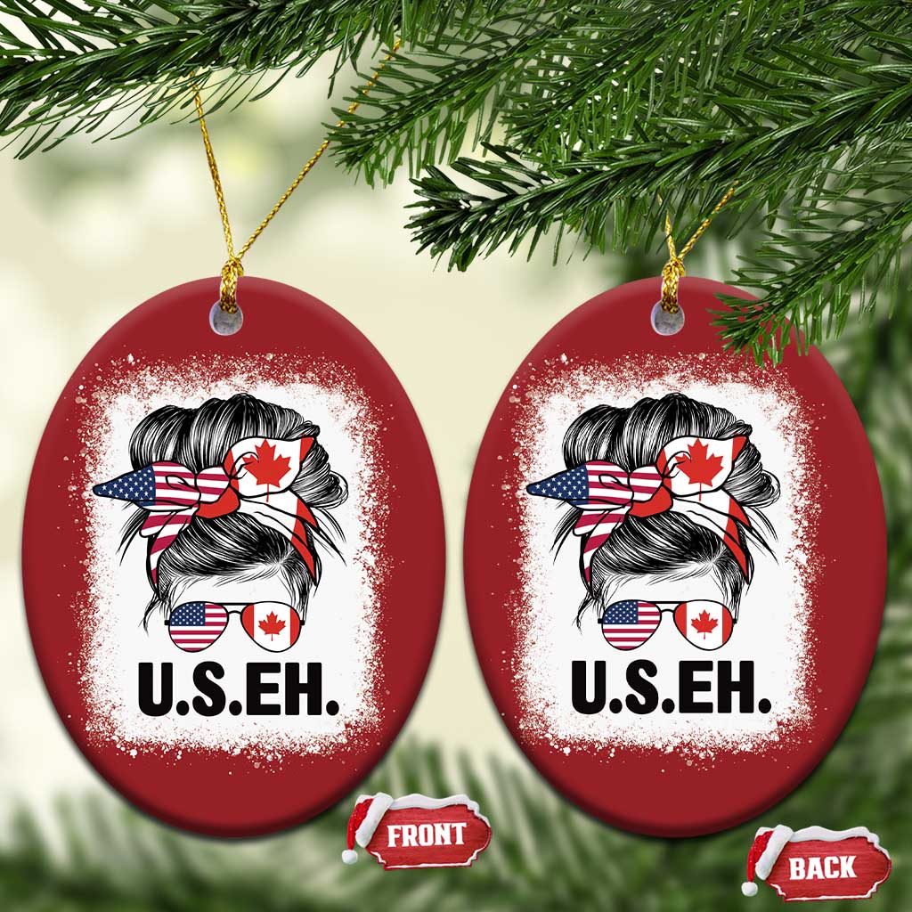 Funny American Canadan Bleached Christmas Ornament US EH America Canada Flag Messy Bun - Wonder Print Shop