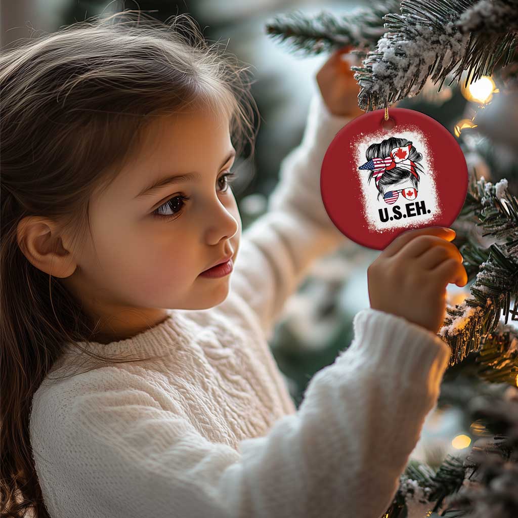 Funny American Canadan Bleached Christmas Ornament US EH America Canada Flag Messy Bun - Wonder Print Shop