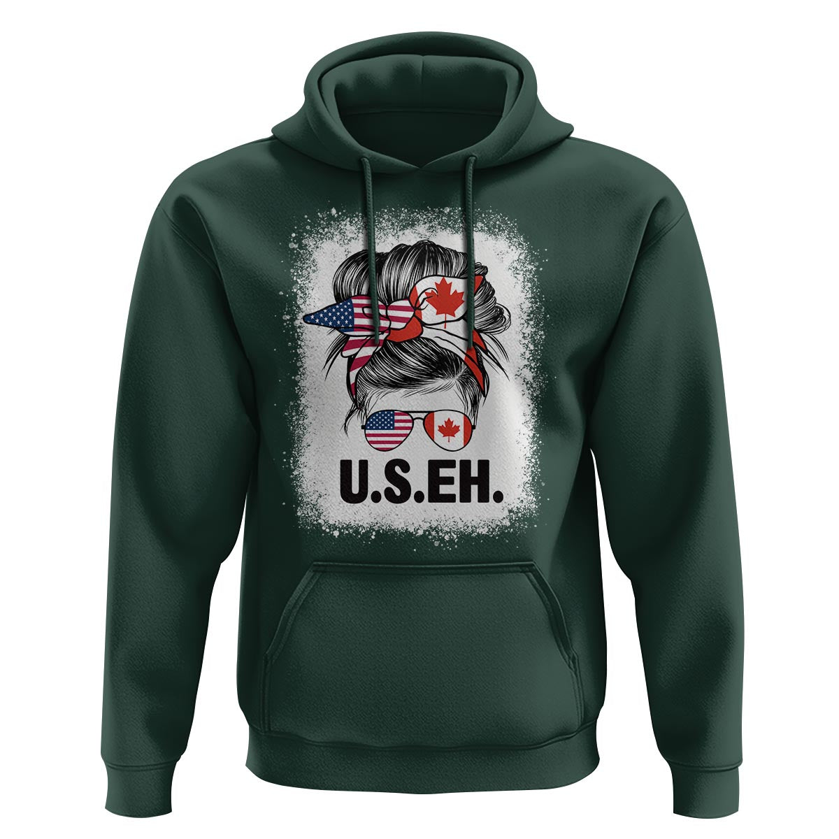 Funny American Canadan Bleached Hoodie US EH America Canada Flag Messy Bun - Wonder Print Shop
