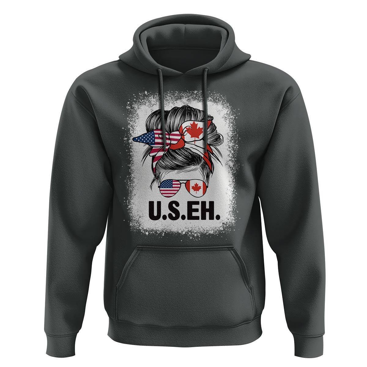 Funny American Canadan Bleached Hoodie US EH America Canada Flag Messy Bun - Wonder Print Shop