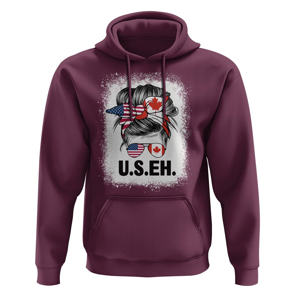 Funny American Canadan Bleached Hoodie US EH America Canada Flag Messy Bun - Wonder Print Shop