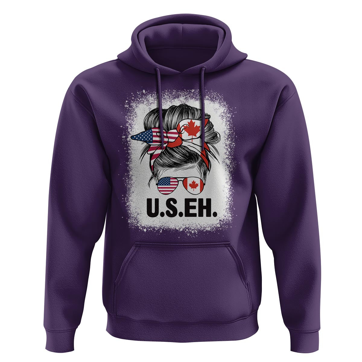 Funny American Canadan Bleached Hoodie US EH America Canada Flag Messy Bun - Wonder Print Shop