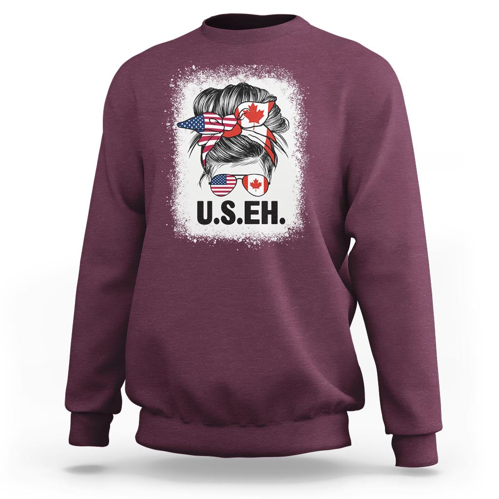 Funny American Canadan Bleached Sweatshirt US EH America Canada Flag Messy Bun - Wonder Print Shop
